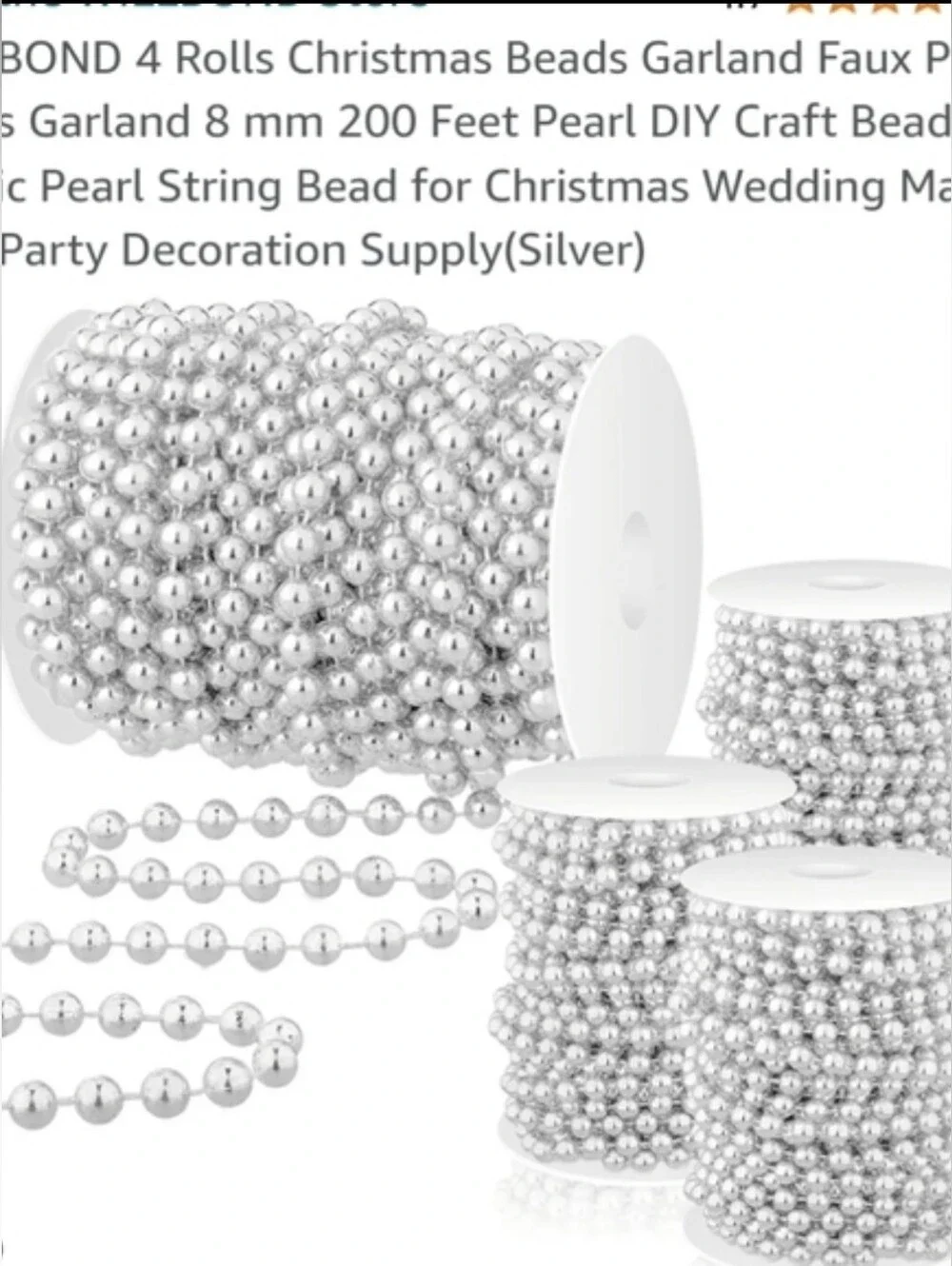 New with tags! Pack of 4 rolls of silver faux pearl bead garland decorations